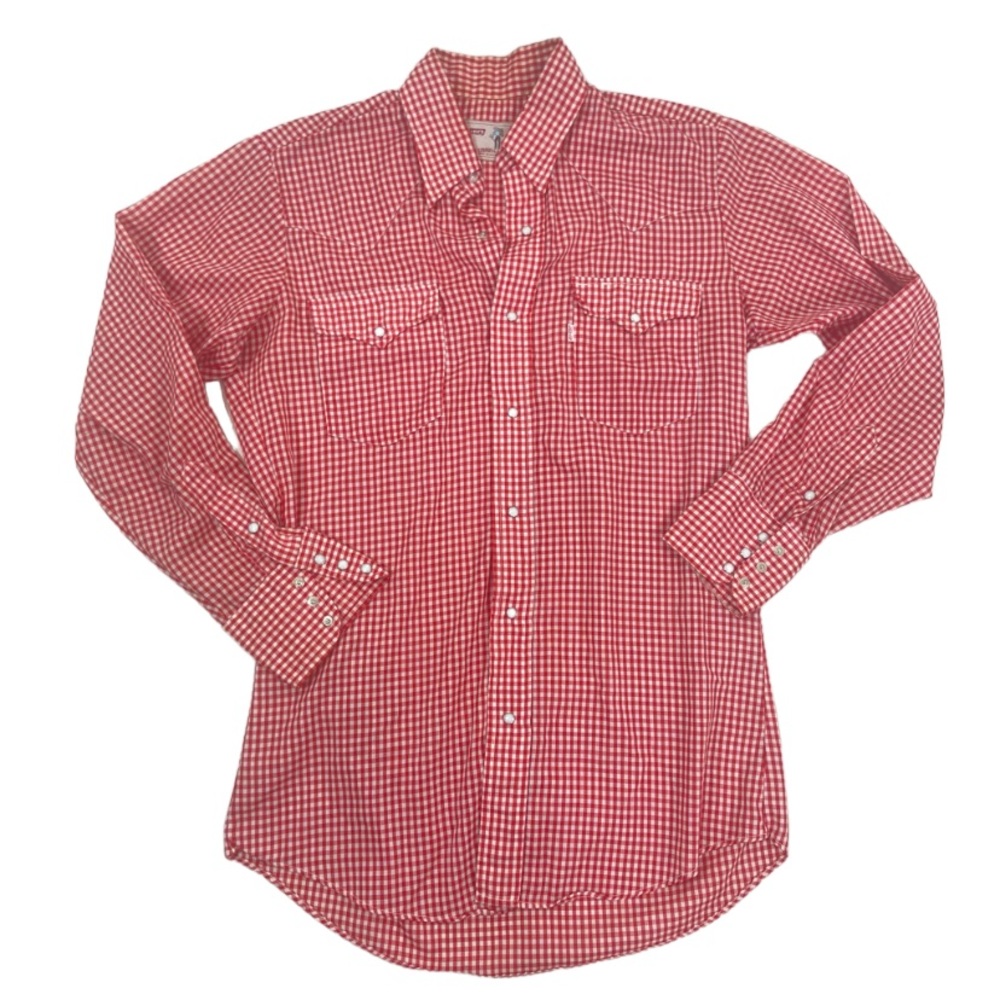 Levi’s VINTAGE white tag men’s picnic plaid pearl snap button down shirt.15.5/33